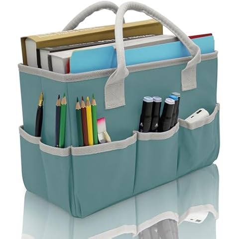 Cupohus Art Organizer Craft Storage Tote Bag with Pockets and Hadles, Oxford Fabric Carrying Caddy for Teacher, Officer, Artist, Traveler, and more – Grey Green Cover