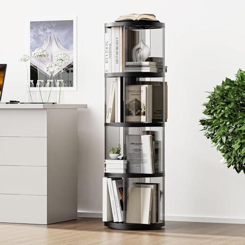 ELPHECO Estantería giratoria, estantería esquinera pequeña para espacios pequeños, exhibición de 360 grados, estantería de pie de 4 niveles, organizador de plástico estrecho para sala de estar (negro