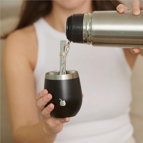 Image of MyGaucho Yerba Mate Cup Gourd Set, 8oz, 2 Bombillas & Spill-Prev Lid | Stainless Steel Mate Cup, BPA-free lid & cleaning brush, comfortable sipping, and simple cleanup at home, work, or on the go