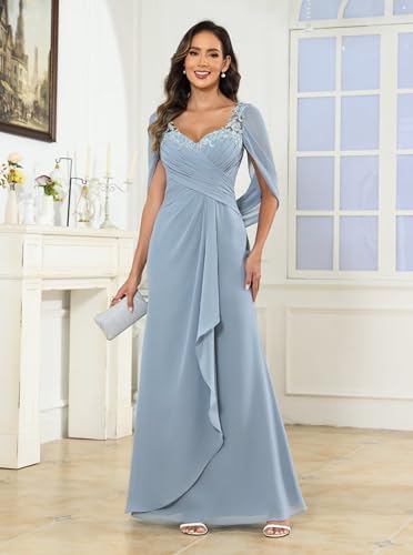 Lace Mother of The Bride Dresses with Cape Sleeves Chiffon Pleated Long Formal Evening Gown2