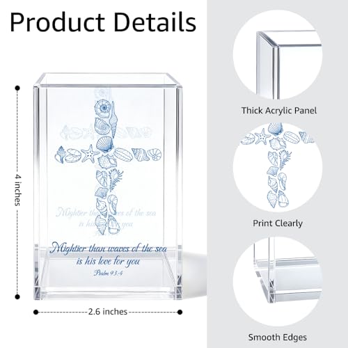 Image of Mightier Than Waves Of The Sea Acrylic Pen Holder Makeup Organizer | Funny Seashells Christian Pencil Pen Holder for Desk, Sea Bible Verse Desk Accessories, Religious Baptism Gifts for Women Men