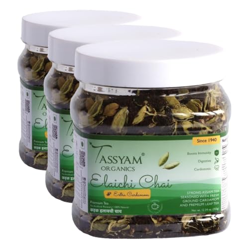 Image of Tassyam Organics Strong Assam Cardamom Tea 350g JAR | Elaichi Chai Improved with Leaf Tea | Kerala Elaichi + Gold Blend CTC Chai With No Artificial Flavours (Pack of 3)