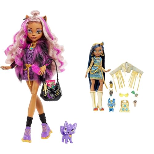 Monster High Cleo de Nile Muñeca articulada con Mascota y Accesorios de Moda, Juguete +4 años (Mattel HHK54) & Clawdeen Wolf