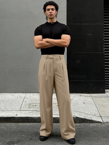 Image of JMIERR Mens Baggy Casual Dress Pants Lightweight Pleated Old Money Wide Leg Pants Loose Relaxed Fit Trousers