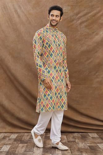 Image of LookMark Men's Cotton Blend Printed Long Kurta Suitable for All Indian Wedding, Occasions, and Festivals