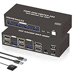 4K 60Hz HDMI KVM Switch 2 Computers 2 Monitors, Dual Monitor KVM Switch 2PC, 4 USB 3.0 Devices, with Remote & Button Control, Keyboard Mouse Sharing, Extended and Mirrored Mode for PC/Mac/PS5