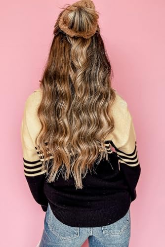 Women's Black Colorblock Stripe Collared V-Neck Sweater3