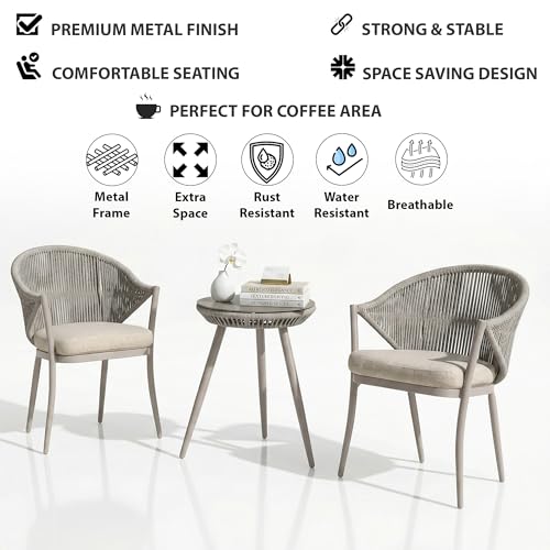 Image of BRISHI Garden Patio Seating Chair and Table Set Outdoor Balcony Garden Coffee Table Set Furniture with 1 Table and 2 Chairs Set with Cushion Braid & Rope (Gray)