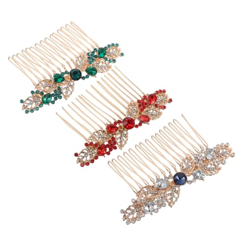 Anneome 3個結婚式用ヘアコーム 花モチーフ合製サイドコーム 白 赤 緑ラインストーン飾り ブライダル髪飾り 花嫁 用パーティースリング