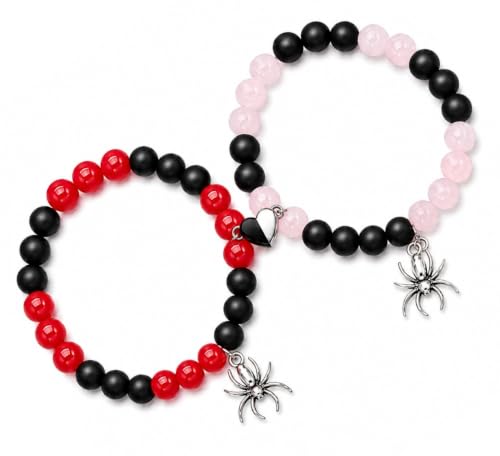 Image of Spider-Man Inspired Couple Bracelets 2pcs - Magnetic Attraction Heart Charm, Glass Beads, Spider Pendant, Marvel Theme Party Accessory, Valentine's Day Gift, Suitable for All Seasons