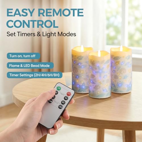 Image of Eywamage Ocean Fiber Optic LED Pillar Candles with Remote 3 Pack | Coastal theme, summer daily decor, 3 AA battery powered, remote timer function, Φ 3 inch H 6 inch, flickering realistic