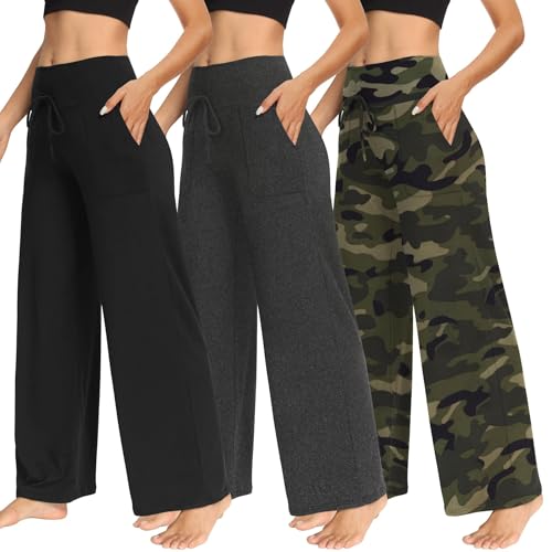 Image of TNNZEET 3 Pack Women's Wide Leg Pants with Pockets - Casual Loose Yoga Trouser Pants Sweatpants Palazzo Lounge Pajama Pants