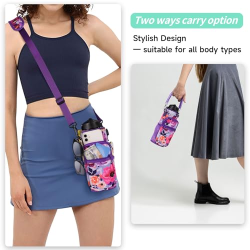 Image of 32 oz 40 oz Water Bottle Sleeve with 4 Pocket, Neoprene Water Bottle Carrier Bag with Strap & Paracord Handle, Metal Steel Water Flask Sling Pouch Holder for Walking Hiking-Purple Rose