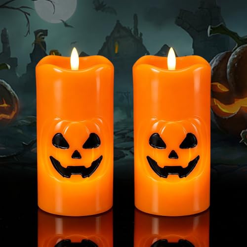 Image of Eldnacele Halloween Pumpkin Flameless Pillar Candles Battery Operated with 6 Hour Timer, 3D Wick Flickering Orange Real Wax Hand-Painted LED Candles Indoor Halloween Home Decor(2 Pack, 3 inch D x 6 inch H)