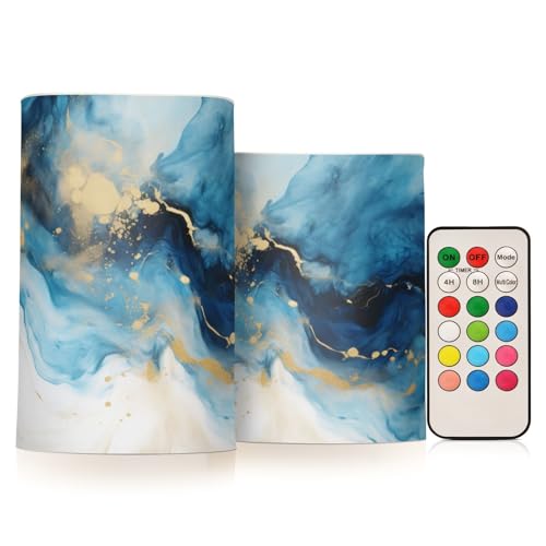 Image of Flickering Flameless Candles, Marble Navy Blue LED Candles with Remote Timer, Set of 2 Battery Operated Candle for Valentine Wedding Birthday
