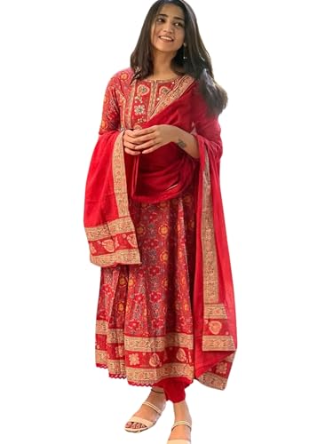 AMPHV Women Kurta Set with Dupatta in Cotton Fabric Indian Tunic Dress Ethnic Wear Collection for Women - Red XL