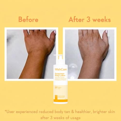Image of WishCare Sunscreen Body Lotion with SPF 50 PA+++ In- Vivo Tested | Body Sunscreen With Broad Spectrum UVA & UVB Protection, No White Cast | With Carrot Seed & Raspberry | For All Skin Types | For Women & Men | 450ml