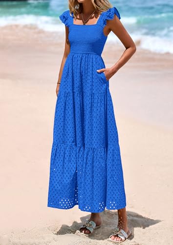 Image of PRETTYGARDEN Womens Summer Square Neck Maxi Dresses Cap Sleeve Eyelet Smocked Tiered A Line Flowy Long Dress with Pockets