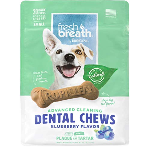 Fresh Breath by TropiClean Dog Dental Care Blueberry Flavored Dental Chews for Dogs 5-25 Pounds, 20ct, 11oz - Helps Brush Away Plaque and Tartar  Made in the U.S.A.