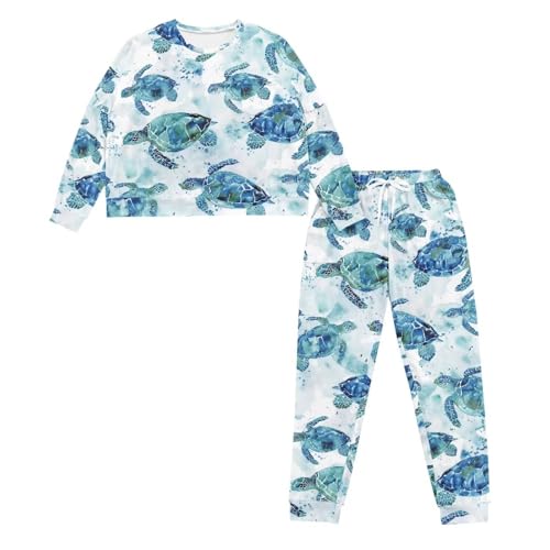 Image of Womens Lounge Set Long Sleeve Soft Pajama Sets | Casual 2 Piece Pj Outfit, Crewneck Sleepwear with Pockets, Adjustable Drawstring, Soft Comfy Fall Pajamas, Plus Size