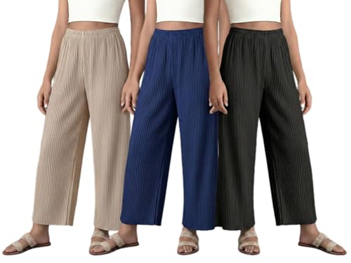 Image of Set of Combo Trouser and Pants for Girls and Women's Relaxed Fit Stretchable Regular Fit Palazzos Lightweight Elastic Waistband Bottoms for Daliy Office & Casual Wear