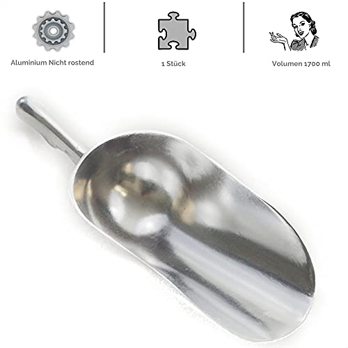Kerafactum handliche Schippe Grosse Mehlschaufel Sackschaufel | Futterschaufel Sack Schüppe für Futter Mehl Zucker Schaufel Schütte aus Metall Aluminium | Alu Guss Tierfutter Nicht rostend 1700 ml