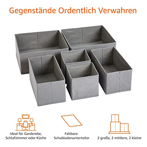 Amazon Basics Schubladen-Organizer/Ordnungssystem für Kleidung - Faltbar für Garderobe Schlafzimmer oder Küche, 6 Stück, Grau