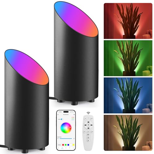 GeyouLux 5W RGBW LED Uplight Spot Regulable, Lampara Pie Led Para Salón con Mando a Distancia, Control a TravéS De La Aplicación, Temporizador, Modo Música Para Salón, Videojuegos, Negro 2 Piezas