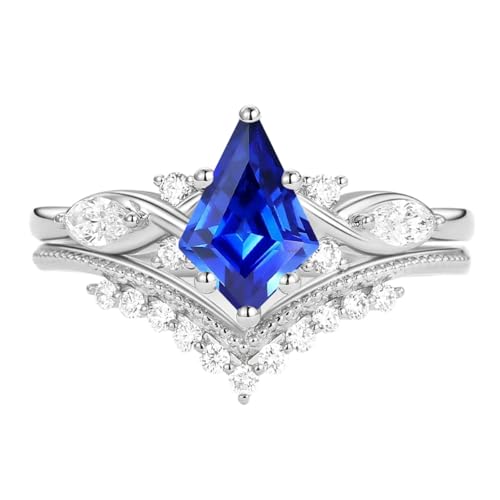1.5ct/2ct Blue Saphire Wedding Ring Set for Women - Kite Cut Blue Saphire Bridal Sets Wedding Rings White Yellow Rose 10K 14K 18K Gold Sterling Silver Gem Art Deco Anniversary Promise Ring Set