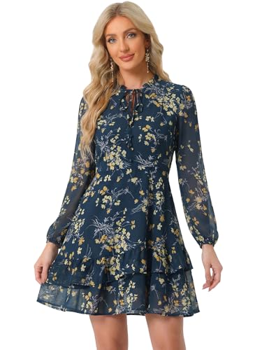 Image of Allegra K Women's Spring Dresses 2026 Tie V Neck Semi Sheer Long Sleeve Layered Tiered Chiffon Mini Floral Dress