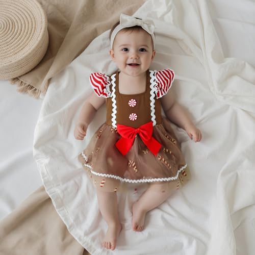 Toddler Baby Girl Christmas Outfit Gingerbread Man Dress Square Neck Fly Sleeve Bow A-Line Tulle Tutu Dress Clothes3
