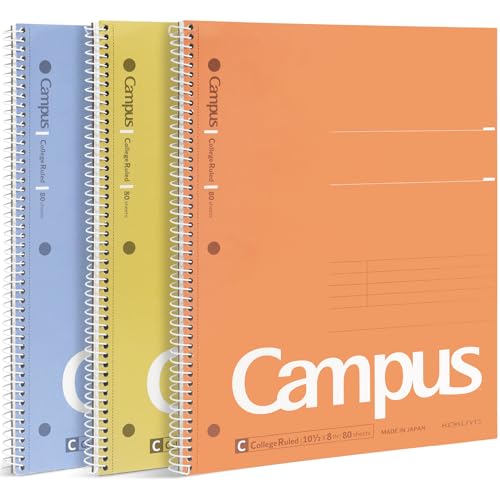 KOKUYO Spiral Notebook, 3 Pack Campus 10-1/2' x 8' Subject Notebooks with College Ruled, 80 Sheets, 3 Holes School Spiral Journal for Work Study Note Taking (Yellow, Orange, Purple)