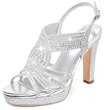 Gufobela Silver Dress Shoes for Women Platform Sandals Formal Sparkly Rhinestone Block Heels Open Toe Strappy Prom Elegantes High Heeled Comfortable Pumps for Bridal Wedding Party(1123 Silver 8.5)