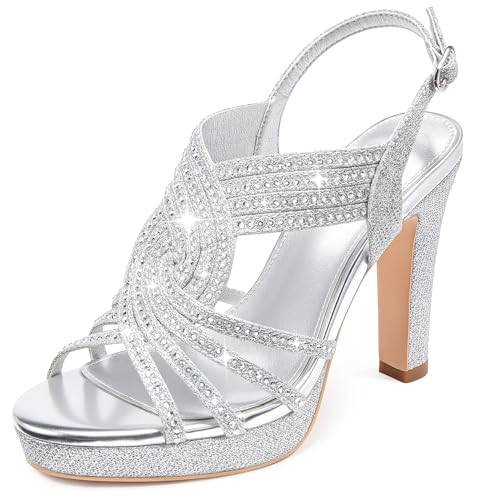 Image of Platform Heels for Women Sandals Dressy Sparkly Rhinestone Chunky | High Heels,Open Toe,Ankle Strap,Block Heel,Dress Shoes for Women,Summer Comfortable Pumps,Formal,Party,Wedding,Guest,Evening