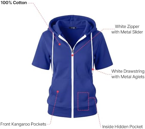 GIVON Women's 100% Cotton Full Zip Up Hoodie Short Sleeve Soft French Terry Fabric Comfy Sweatshirts with Shrink-Resistant / DCF381-BLUE-L — view 6