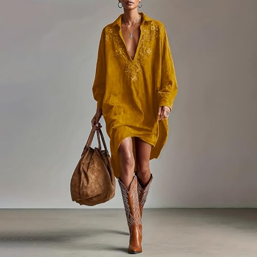 Image of Womens Faux Suede Western Vintage Midi Dress, Long Sleeve Lapel Deep V Neck Fall Winter Velvet Retro Style Dress
