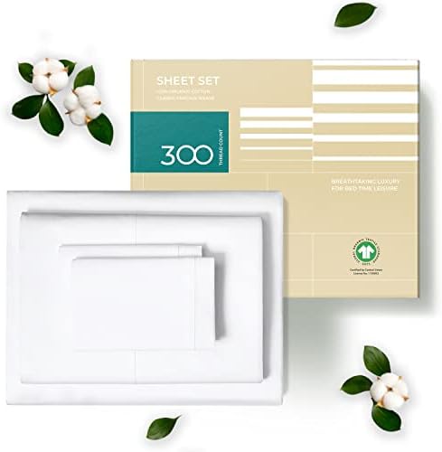 THREAD SPREAD 100% Organic Cotton Bed Sheet Set - Crisp and Cooling Percale Weave, Soft Breathable, Eco-Friendly, 4 Piece Bedding Set, Deep Pocket with All-Around Elastic, (King, White)