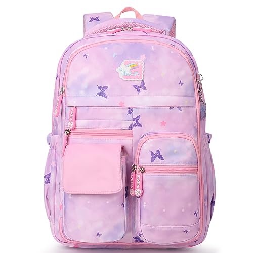BYXEPA Sac a dos Enfants Fille, 40 x 30 x 17 cm, Cartable Fille, Grande Capacité, Avec Bandes Réfléchissantes, pour Enfants de 5 à 10 ans, Papillon Violet