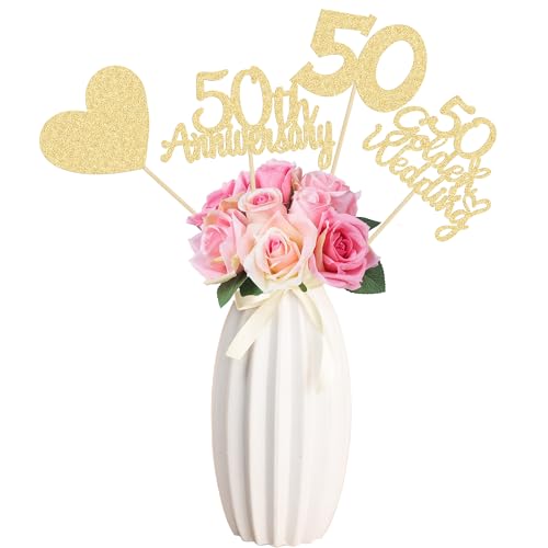 Gyufise 12Pcs 50th Anniversary Centerpiece Sticks Double Sided Gold Glitter Heart 50 Golden Wedding Anniversary Table Flower Centerpieces for Cheers to 50 Years Blessed & Loved Wedding Party Supplies