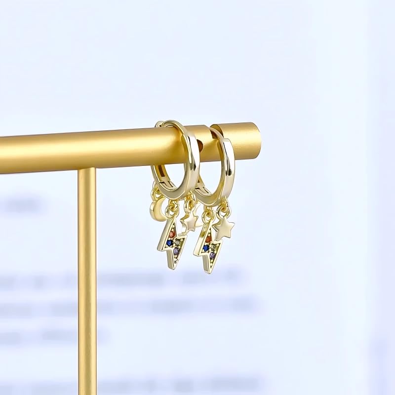 Huggie Earrings 925 Sterling Silver Needle Star Moon Combination Pendant Hoop Earrings Vntage Gold Earrings For Women Jewelry - N72