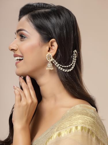 Image of Sukkhi Fashion-Forward Ethnic 18k Gold Plated with Kundan & Pearls Studded Long Earchain with Jhumka /Jhumki Earring Jewellery For Women & Girls|E107335