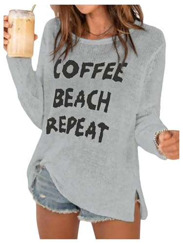 Image of Verdusa Women's Beach Cover Up Sweaters Letter Print Long Sleeve Crochet Crew Neck Knit Sweater Summer Tops