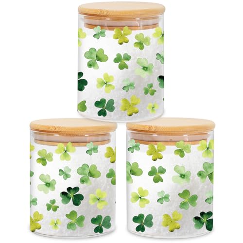 Whaline 3 Pcs St. Patrick's Day Glass Storage Jars with Airtight Lids Green Shamrock Clover Decorative Canister Set for Irish Holiday Home Kitchen Countertop