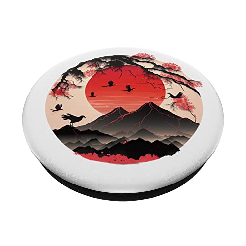 Heavenly Horizon Japanese Scenery of Blossoms and Mountains PopSockets Swappable PopGrip, Black - Image 2