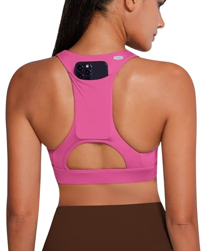 Image of QUEENIEKE BareFlow Women's Sports Bras with Phone Pocket Medium Impact Padded Racerback Workout Gym Crop Top Running Yoga Bra