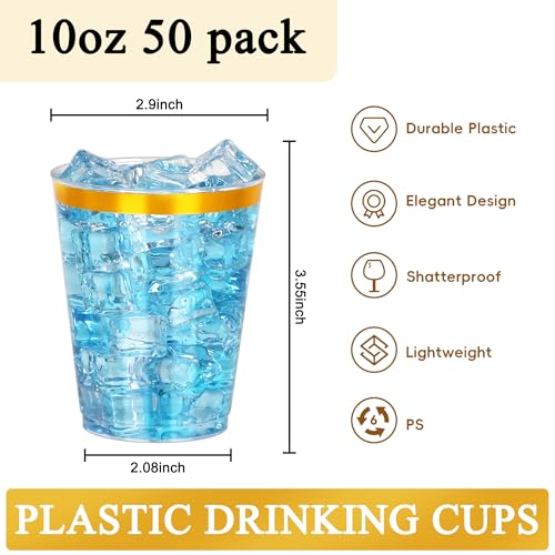 Image of 50 Pcs 10oz Gold Plastic Cups,Clear Plastic Cups with Gold Rimmed,Gold Rim Clear Disposable Plasitc Cocktail Tumblers Wine Cup for Party,Wedding,Birthday,Christmas