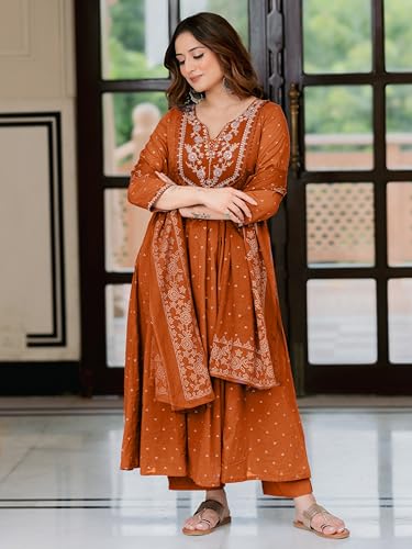 Image of Arayna Women's 100% Pure Cotton Anarkali Kurta Set with Pant & Dupatta | Embroidered Flared Kurta | Elegant Ethnic Suit