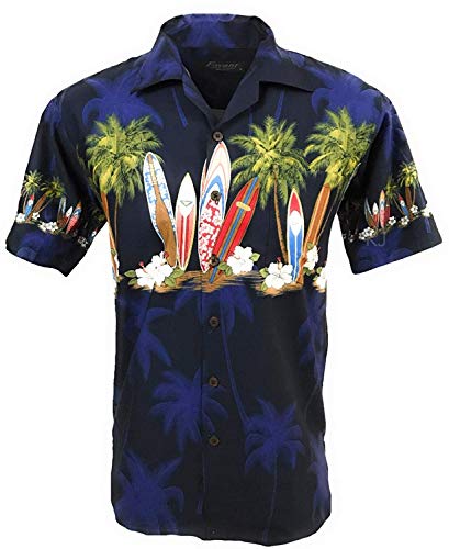Favant Tropical Luau Beach Surfboard Print Men’s Hawaiian Aloha Shirt … (X-Large, Navy)