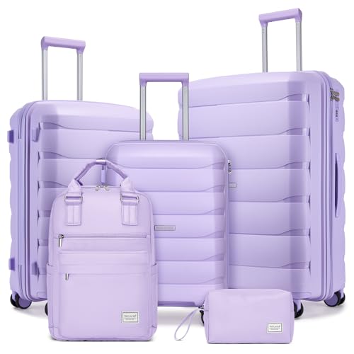 Image of Luggage Sets 5 Pieces, PP Hardshell Suitcase Set with Spinner Wheels, Suitcases for Women (Lavender)