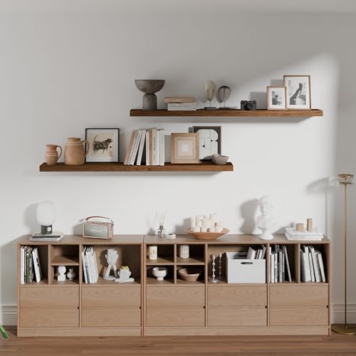 Image of ROGMARS 48 Inches Long Walnut Floating Shelves | Rustic Solid Wood Farmhouse Wall Shelves with Invisible Brackets for Bathroom, Living Room, Bedroom, Kitchen Set of 2